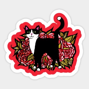 Red Roses Tuxedo Cat Sticker